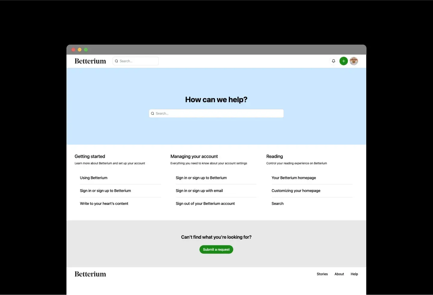 Betterium template: help center