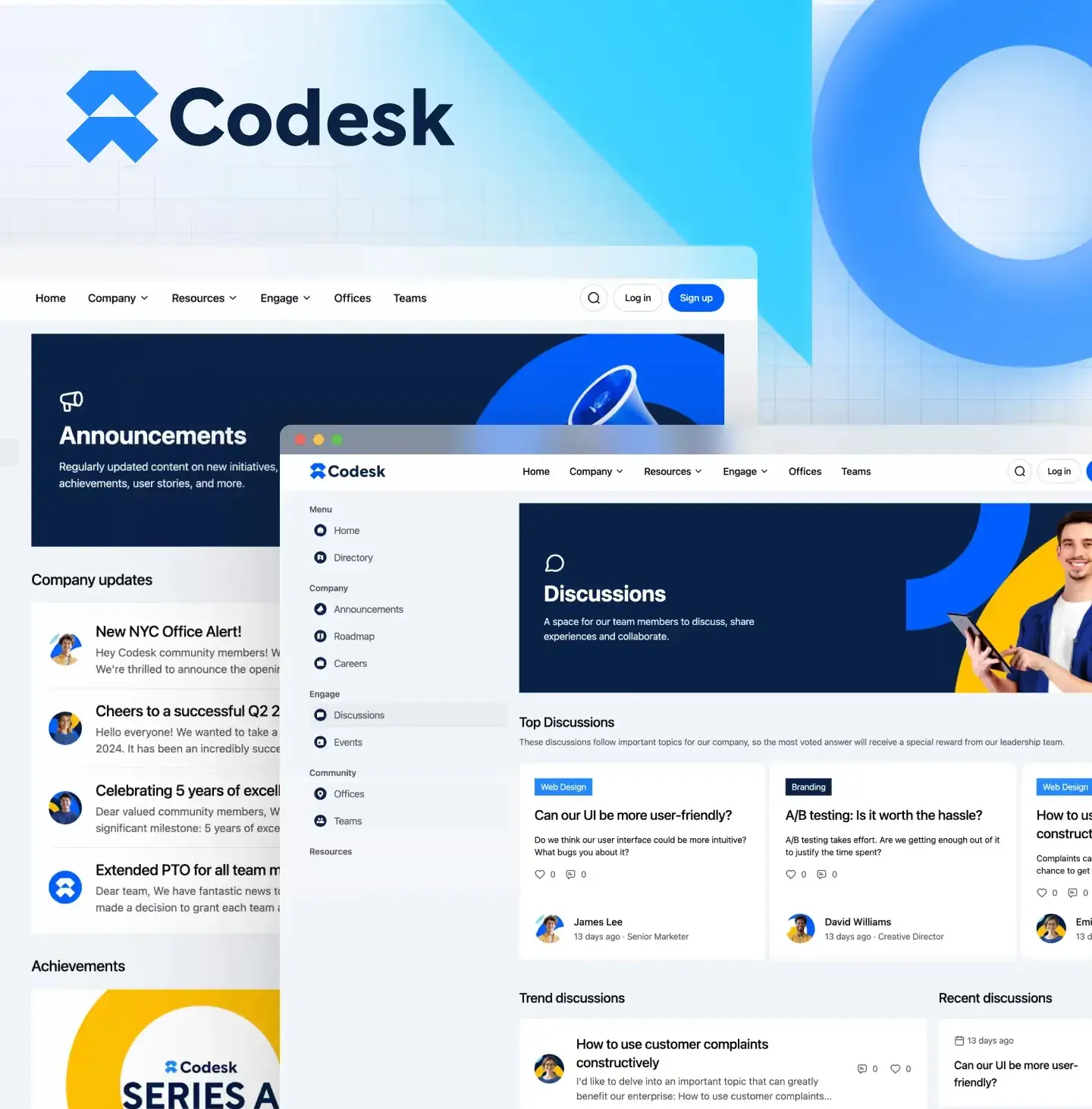 Codesk template preview: its home page and inner pages from the demo community
