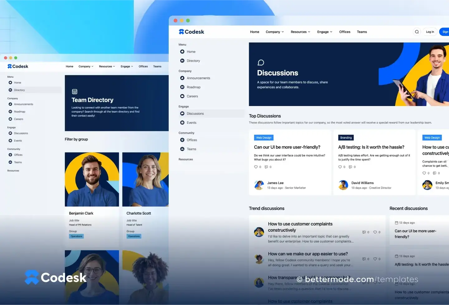Codesk template: team directory and discussions