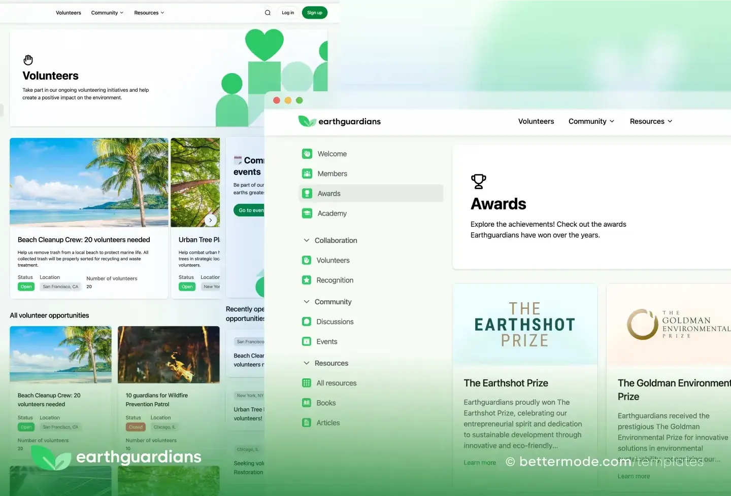 Earth Guardian template: volunteers and awards