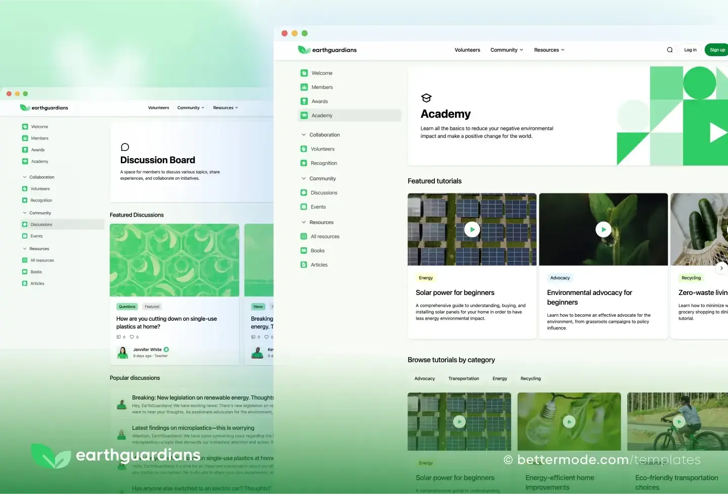 Earth Guardian template: discussion board and academy