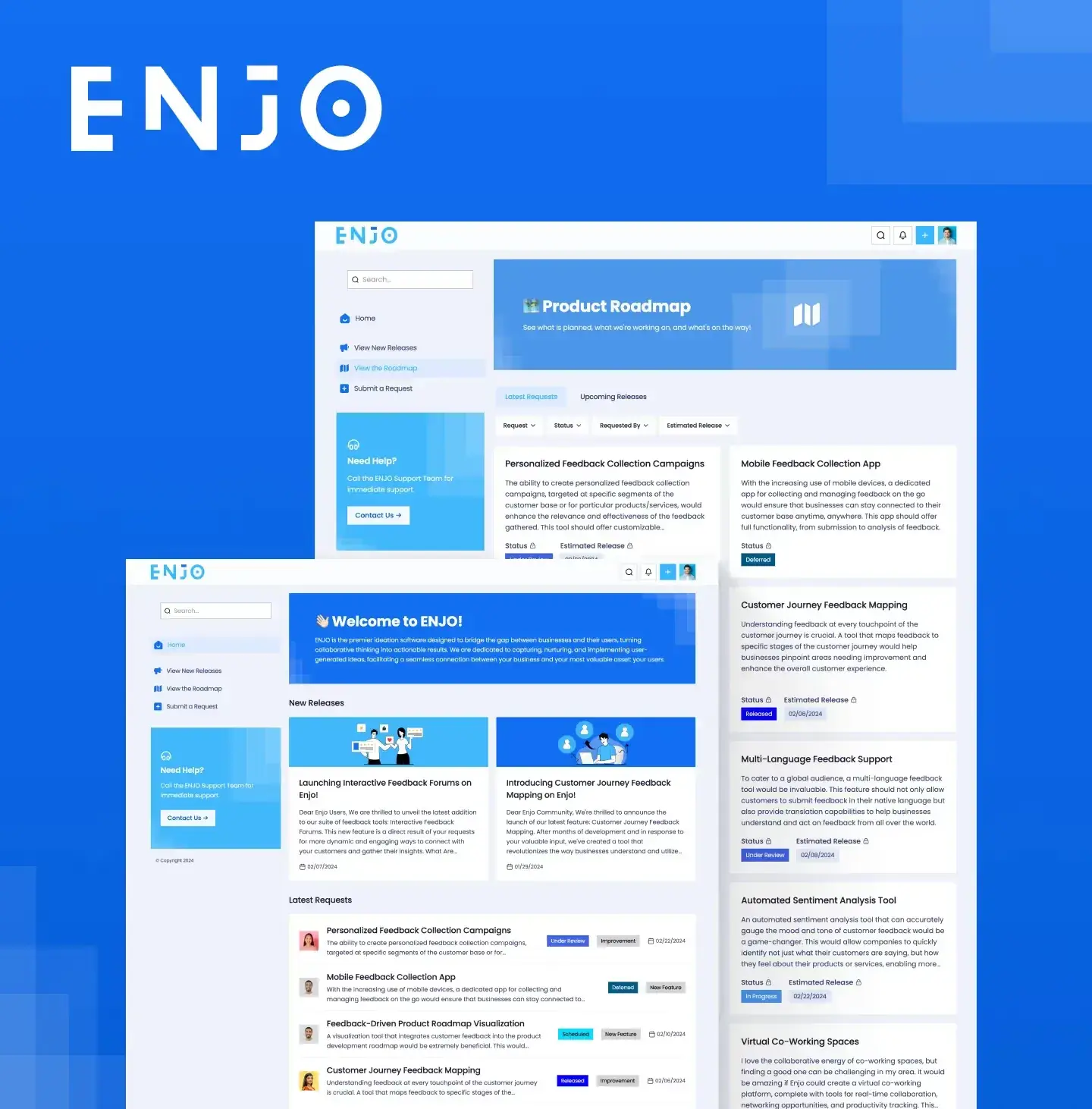 Enjo template preview: its home page and inner pages from the demo community