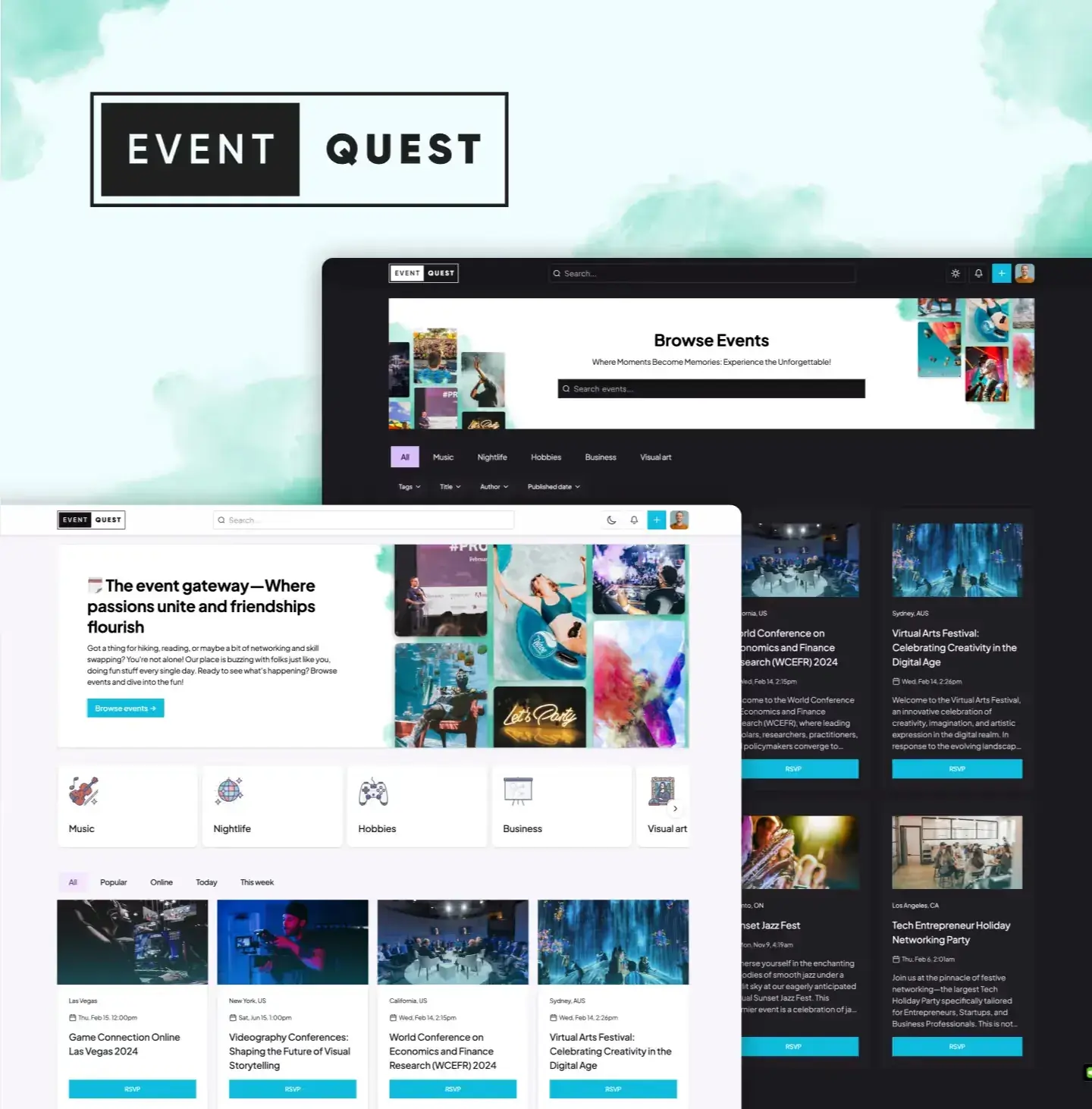 Event Quest template preview: its home page and inner pages from the demo community
