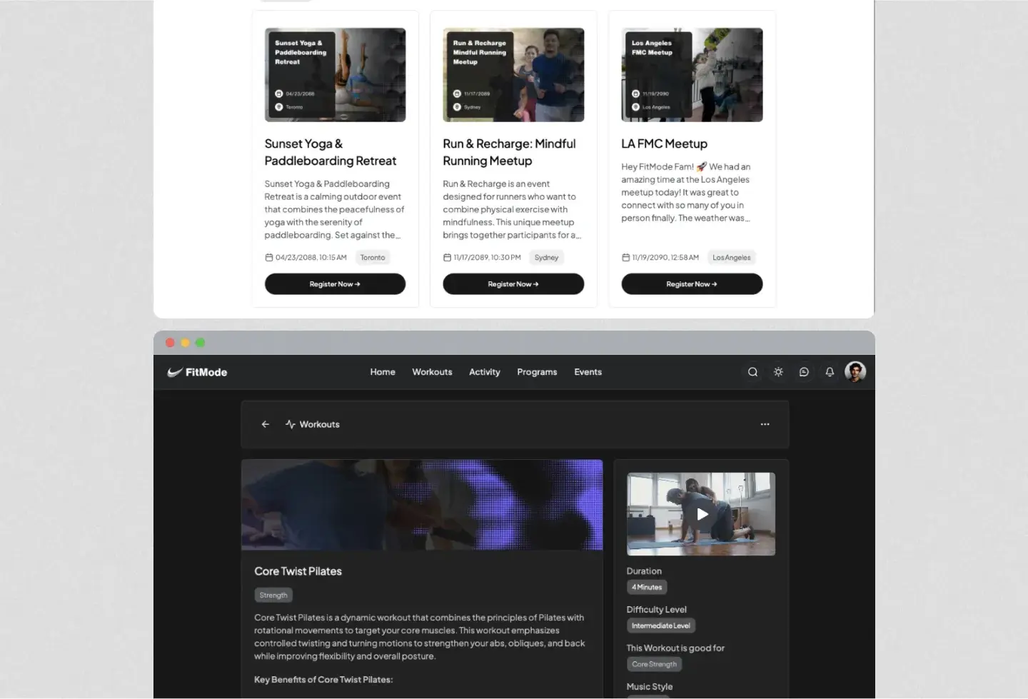 FitMode template: workout page and meetups