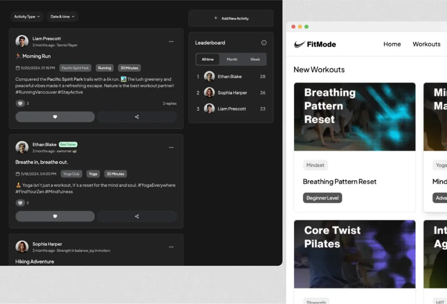 FitMode template: activity feed and leaderboard