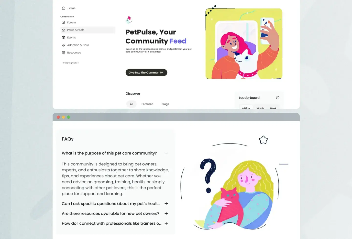 Petinity template: community feed and FAQ