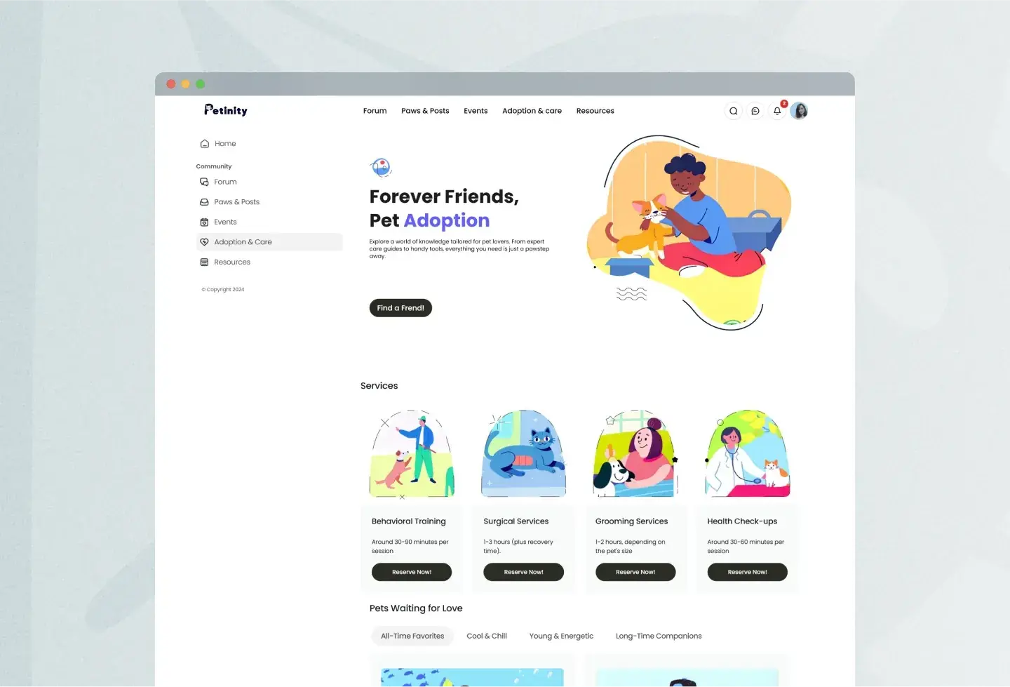 Petinity template: adoption and services