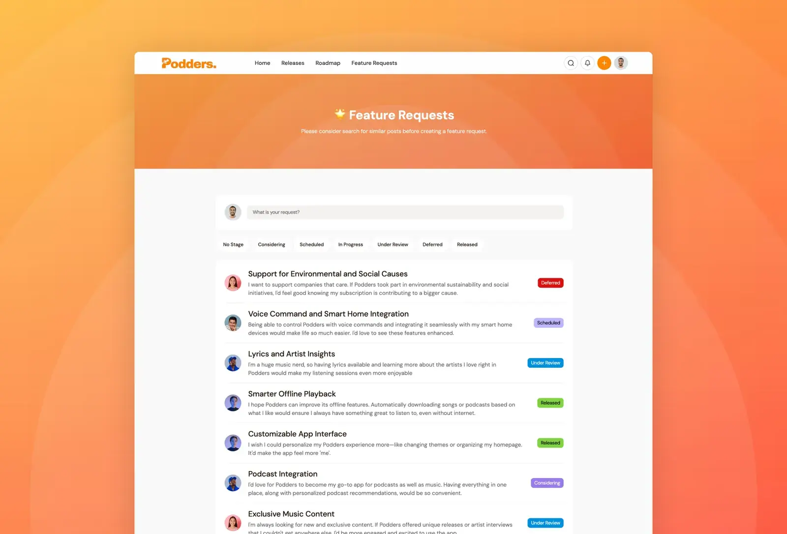 Podders template: feature requests