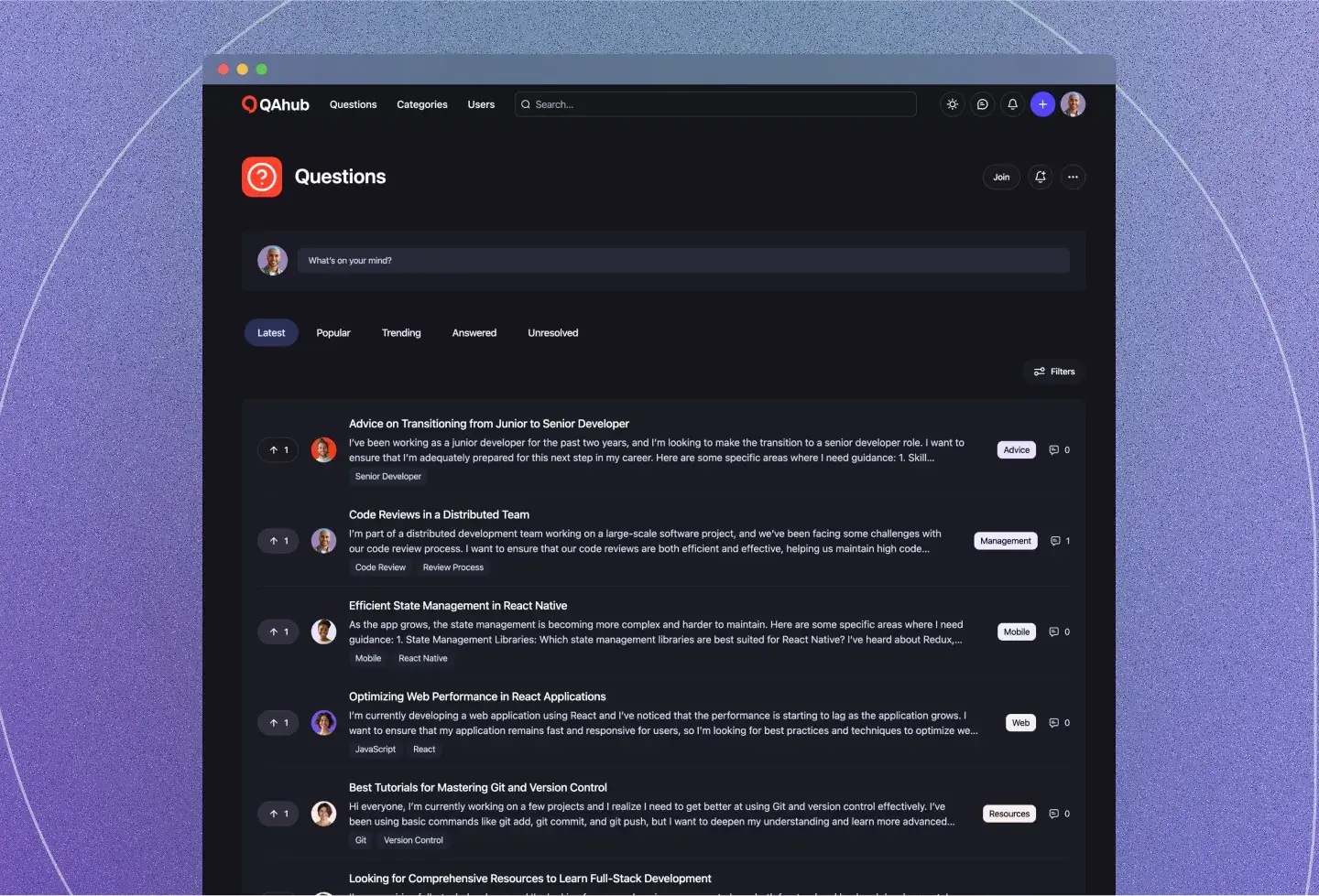 QAhub template: questions in dark mode