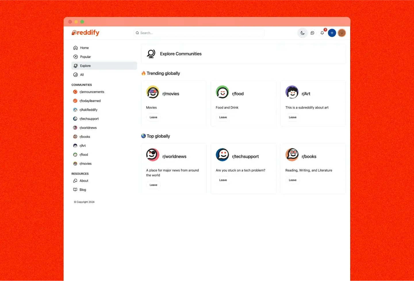 Reddify template: explore communities