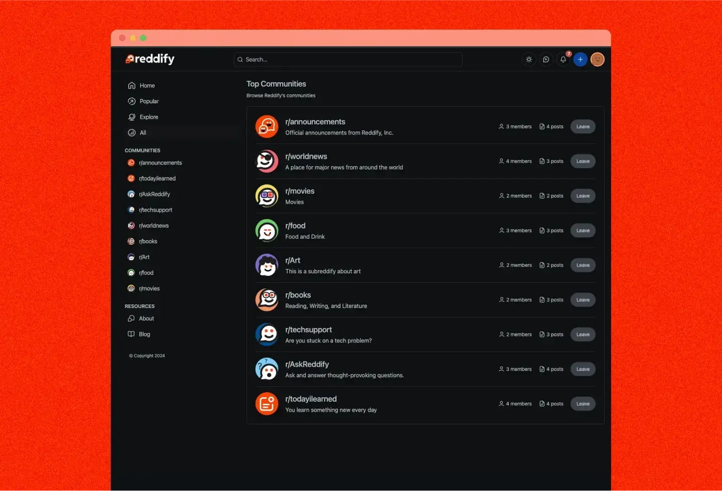 Reddify template: top communities in dark mode